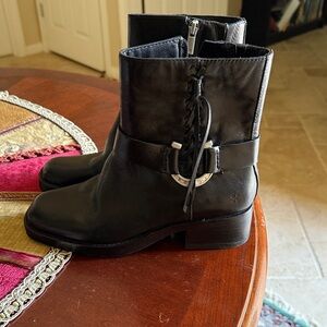 Lucky Brand Black Leather Ankle Boots with Buckle and Braided Detail